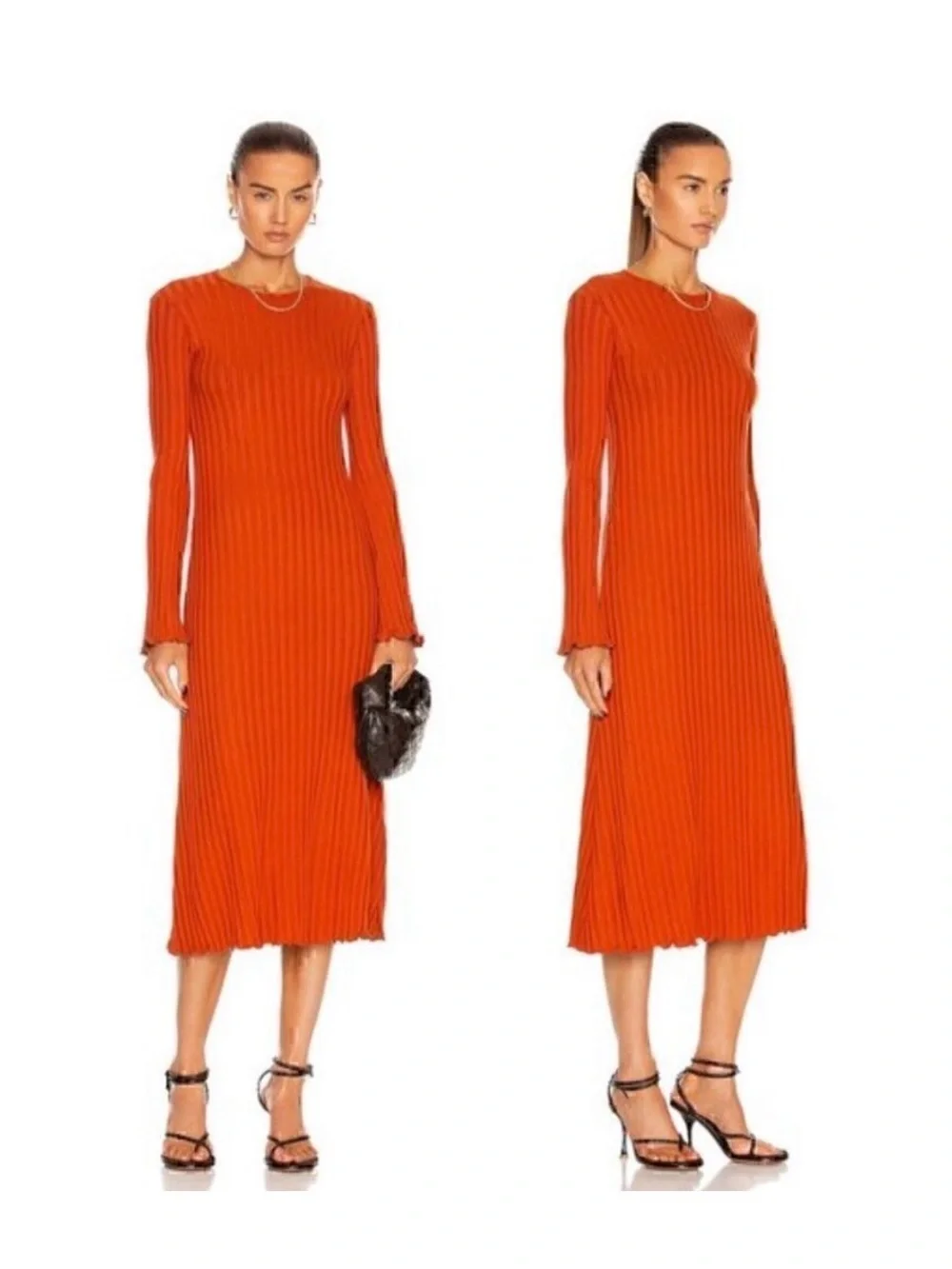 Simon Miller Orange Ribbed Long-Sleeve Midi Dress